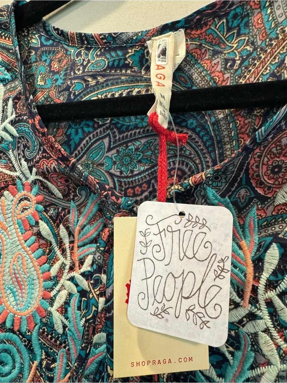 Free People Paisley Embroidered Peasant Top - Teal, Coral & Black